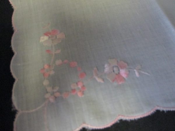 Vintage Hanky Handkerchief Pink Emboridered Flowers with pink scalloped rim 9" x 9"