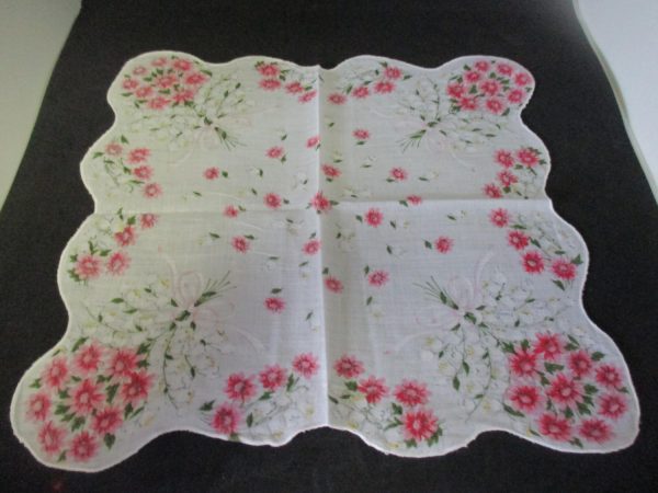 Vintage Hanky Handkerchief pink floral bouquets with lily of the valley pink bows printed cotton  12" x 12" collectible display cottage