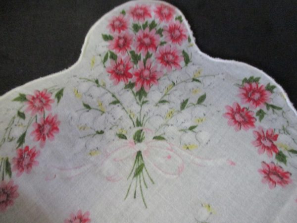 Vintage Hanky Handkerchief pink floral bouquets with lily of the valley pink bows printed cotton  12" x 12" collectible display cottage