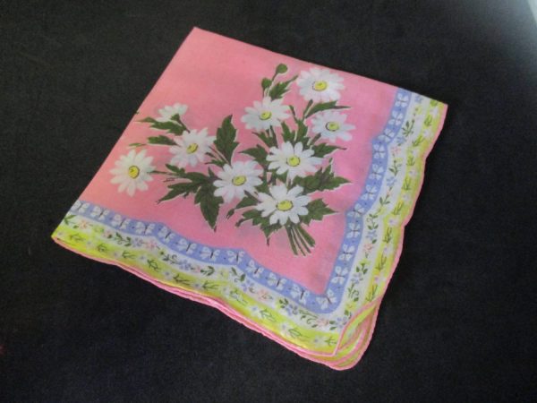 Vintage Hanky Handkerchief Printed Bright Pink cotton with lavender and yellow trim daisy pattern 1950's 14" x 14"