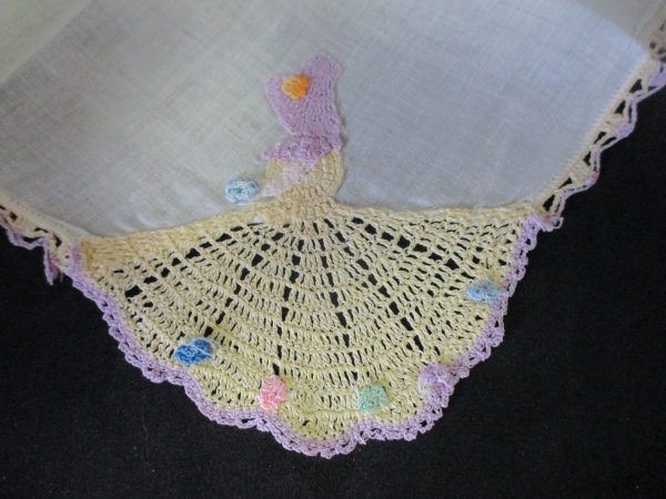 Vintage Hanky Handkerchief white cotton southern bell crochet girl yellow dress lavender trim crochet edges 12" x 12"