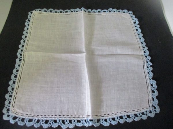 Vintage Hanky Handkerchief White with Light blue crochet trim Wedding Cottage collectible cotton hanky 12" x 12"