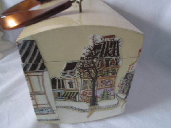 Vintage Hard side Purse Cityscape town with central fountain Pearlized lucite handle brown beige black blue