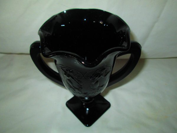 Vintage L E Smith Pan and Aphrodite Black Amethyst Glass Vase double handle Urn "Ribbons and Bows" Purple in Light