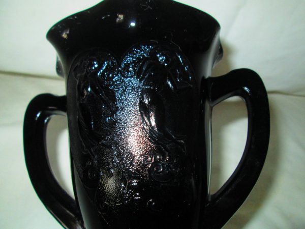 Vintage L E Smith Pan and Aphrodite Black Amethyst Glass Vase double handle Urn "Ribbons and Bows" Purple in Light