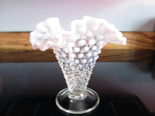 Vintage Large Clear and white Hobnail Opalescent Vase home decor ruffled edge bud vase footed flared top