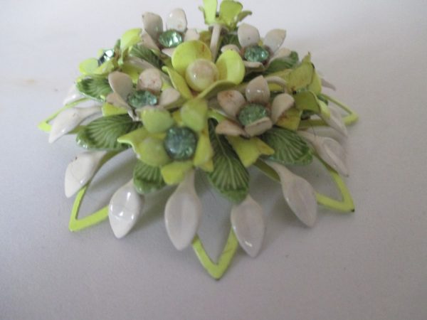 Vintage Large enamel and rhinestone brooch pin green rhinestone white leaves collectible vintage jewelry