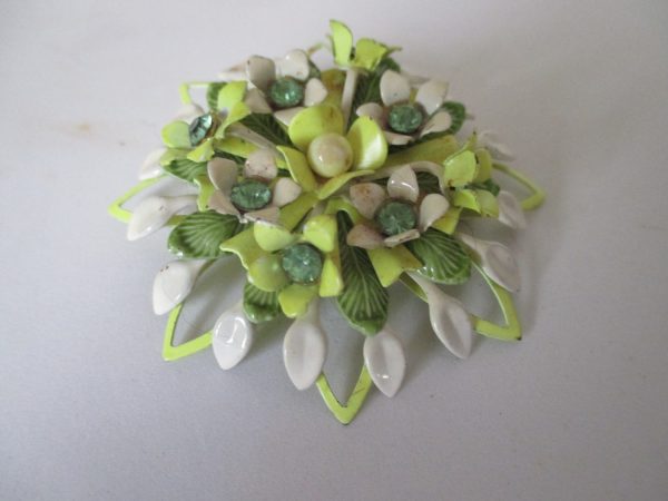 Vintage Large enamel and rhinestone brooch pin green rhinestone white leaves collectible vintage jewelry