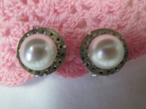 Vintage Large Faux Pearl in Silver tone backing clip earrings
