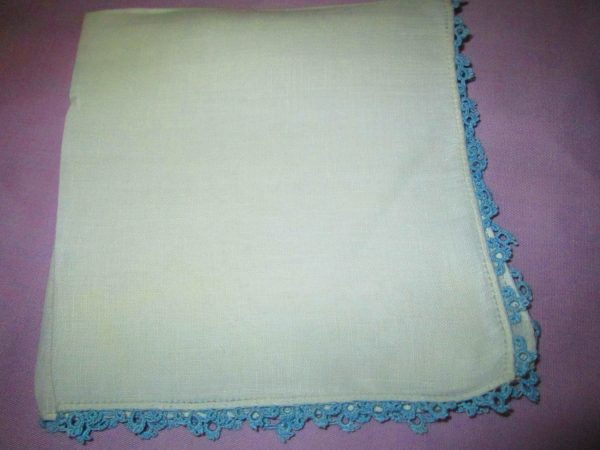 Vintage Linen Hanky with tiny blue tatted rim hand made tatting great condition collectible shabby chic display cottage decor