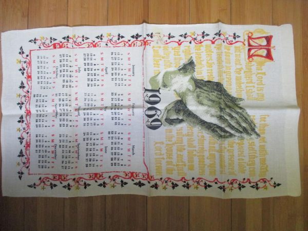 Vintage Linen Kitchen Towel 1969 Calander praying hands vivid colors very clean display collectible kitchen cottage shabby chic farmhouse