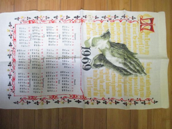 Vintage Linen Kitchen Towel 1969 Calander praying hands vivid colors very clean display collectible kitchen cottage shabby chic farmhouse