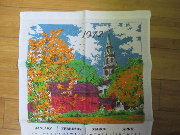 Vintage Linen Kitchen Towel 1972 Calander Church with barn vivid colors very clean display collectible kitchen cottage shabby chic farmhouse