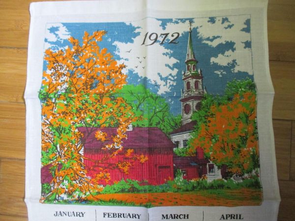 Vintage Linen Kitchen Towel 1972 Calander Church with barn vivid colors very clean display collectible kitchen cottage shabby chic farmhouse