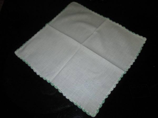 Vintage Mid Century Japan Cotton Hankie Handkerchief blue Cotton 111x11 white with green crochet trim