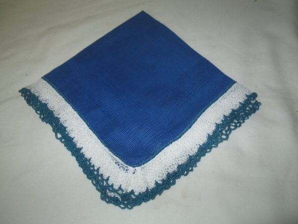 Vintage Mid Century Japan Cotton Hankie Handkerchief blue Cotton 12x12 blue with white and blue chrocet trim