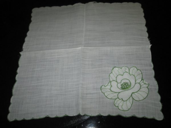 Vintage Mid Century Japan Cotton Hankie Handkerchief blue Cotton 9x9 white with green trim applique loose flower