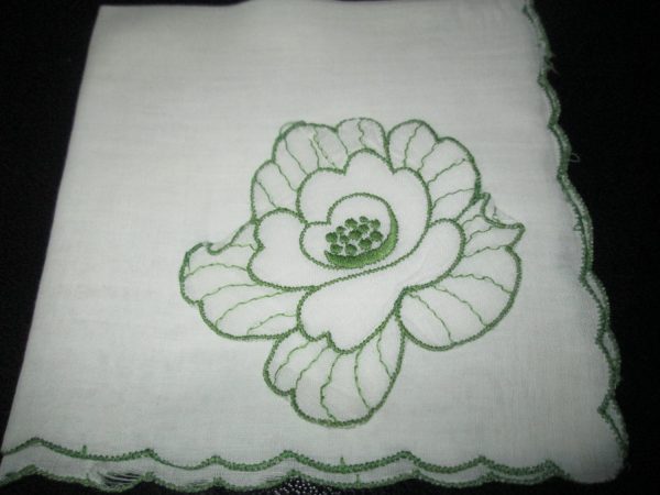 Vintage Mid Century Japan Cotton Hankie Handkerchief blue Cotton 9x9 white with green trim applique loose flower