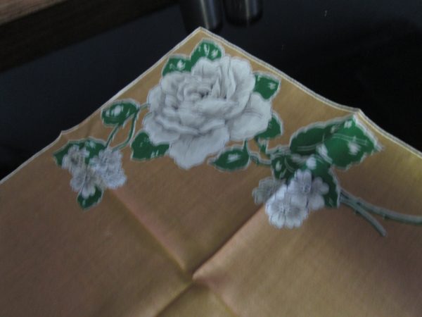 Vintage Mid Century Japan Cotton Hankie Handkerchief Cotton 12x12 with printed cotton White roses with green leaves gray accents