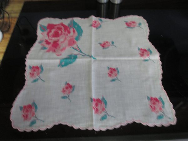 Vintage Mid Century Japan Cotton Hankie Handkerchief Cotton 15x15 printed cotton Large pin rose with printed teal blue leaves FANTASTICts
