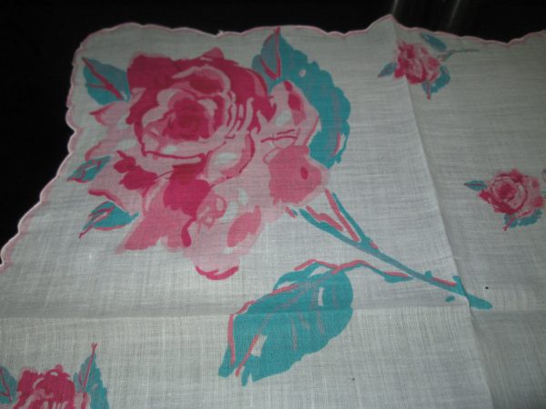 Vintage Mid Century Japan Cotton Hankie Handkerchief Cotton 15x15 printed cotton Large pin rose with printed teal blue leaves FANTASTICts