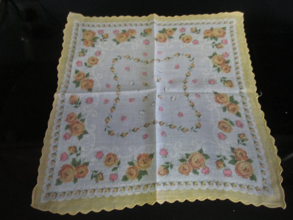 Vintage Mid Century Japan Cotton Hankie Handkerchief White Cotton 11x11 printed yellow and pink roses yellow scalloped edge