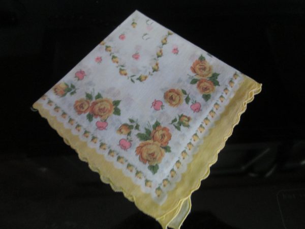 Vintage Mid Century Japan Cotton Hankie Handkerchief White Cotton 11x11 printed yellow and pink roses yellow scalloped edge