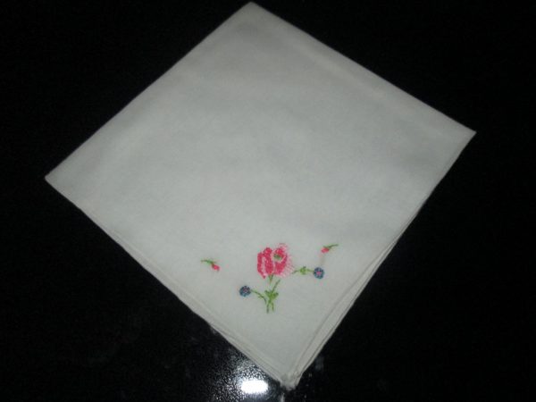 Vintage Mid Century Japan Cotton Hankie Handkerchief White Cotton 12x12 tiny cross stitch pink rose with purple flwoers