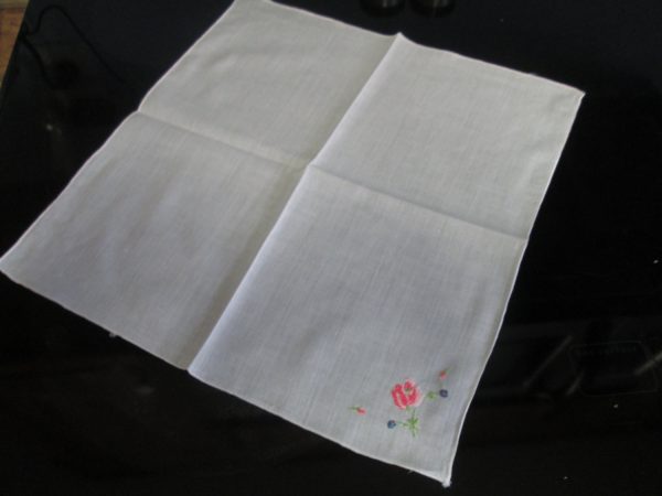 Vintage Mid Century Japan Cotton Hankie Handkerchief White Cotton 12x12 tiny cross stitch pink rose with purple flwoers