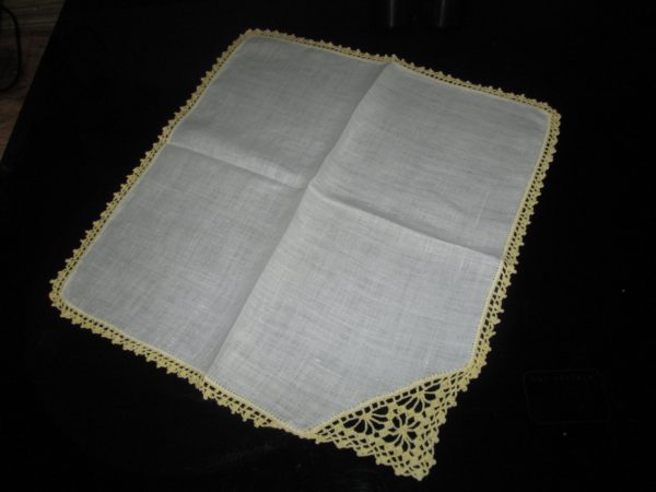 Vintage Mid Century Japan Cotton Hankie Handkerchief White Cotton 12x12yellow crochet trim