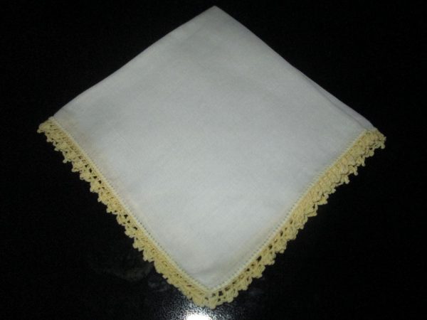 Vintage Mid Century Japan Cotton Hankie Handkerchief White Cotton 12x12yellow crochet trim