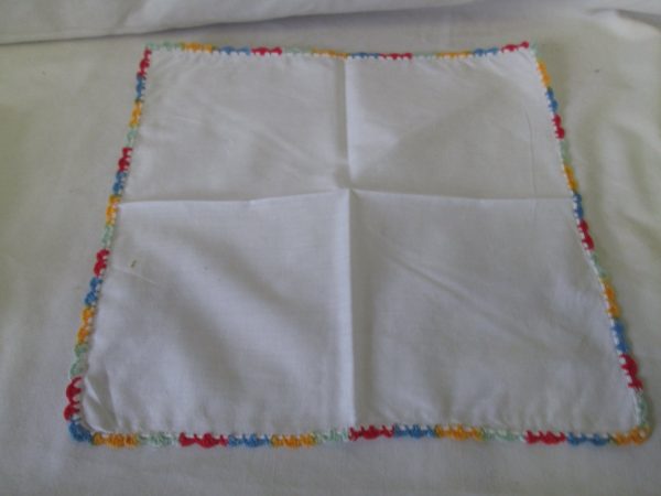 Vintage Mid Century Japan Cotton Hankie Handkerchief White Cotton with primary color crochet trim 10.5"