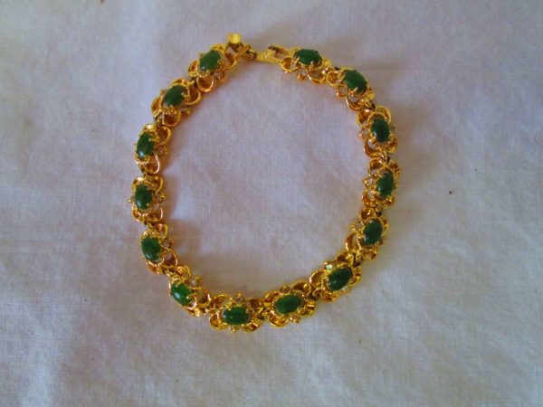 Vintage Mid Century Quality Gold ton Bracelet with faux Jade and Diamonds Clear rhinestones