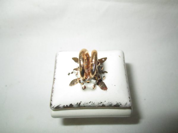 Vintage Miniature Raised Gold Rings Porcelain Ring Box with Legs Gold trim Tiny footed piece Gold Bands on top