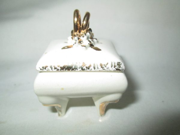 Vintage Miniature Raised Gold Rings Porcelain Ring Box with Legs Gold trim Tiny footed piece Gold Bands on top