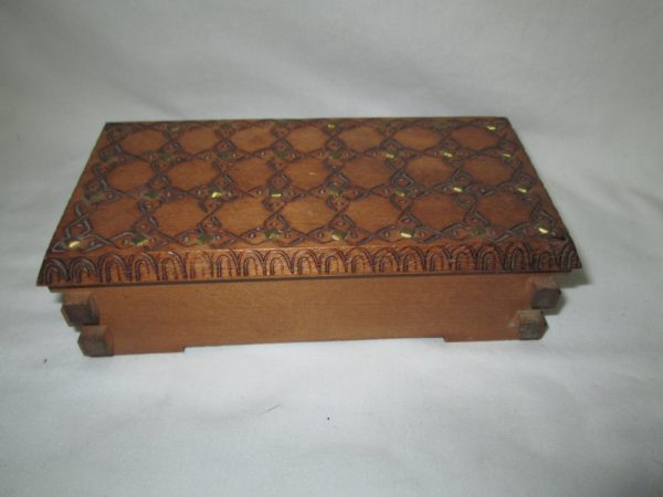 Vintage Modern Retro Hinged Box 1978 Poland Wooden Jewelry Storage Box handcrafted home decor Mid century style carved circles