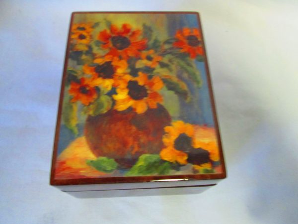 Vintage Modern Retro Hinged Box 1980's USA Wooden Jewelry Storage decor Mid century style Musical Somewhere out there Van Gogh Sunflowers