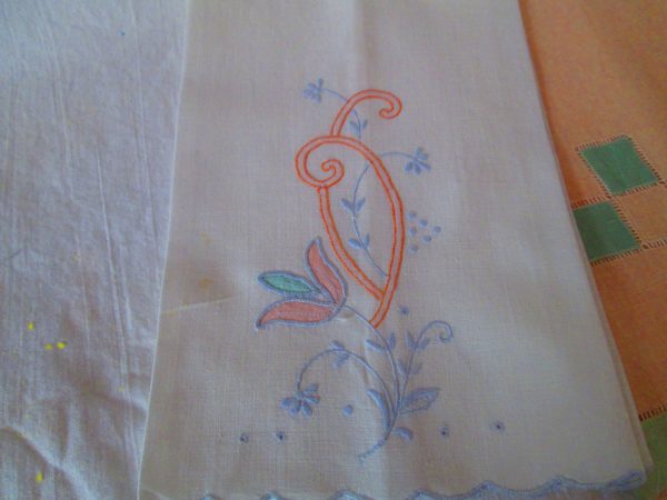Vintage Pair of Bathroom Tea Towels Embroidered and Appliqued Hemstitched Peach with Green White with peach and blue