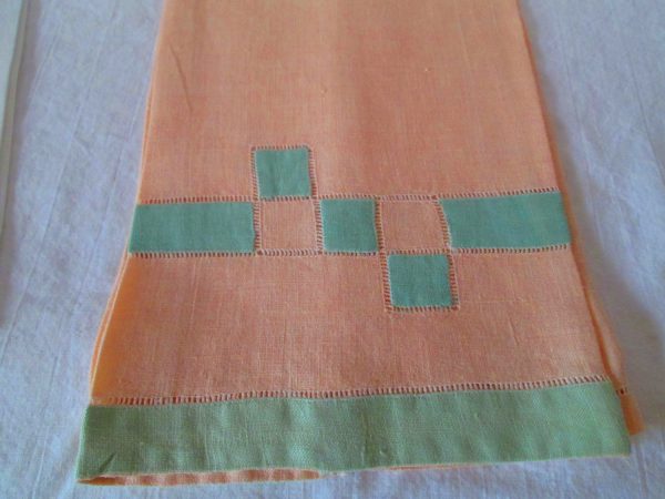 Vintage Pair of Bathroom Tea Towels Embroidered and Appliqued Hemstitched Peach with Green White with peach and blue