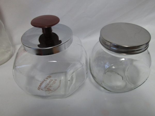Vintage Pair of Kitchen Tilt Jars Storage Treats Cereal Candy Marbles Buttons Chrome lid Glass jars Hershey's Chocolate Memories