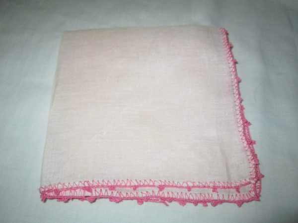 Vintage pale pink linen hankie with pink crochet trim