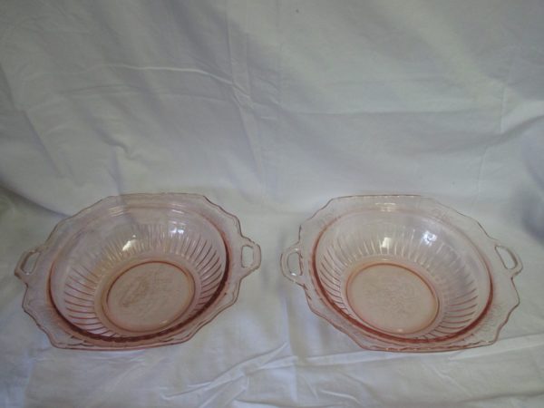 Vintage Pink Pair matching Depression glass large serving bowls with handles ribbed inside raised floral rims