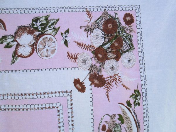 Vintage Printed Cotton Mid Century Tablecloth Pink White and Brown Very pretty 58" x 78"