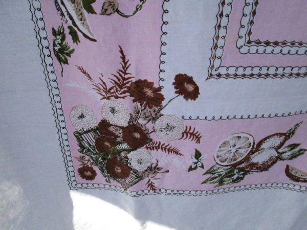 Vintage Printed Cotton Mid Century Tablecloth Pink White and Brown Very pretty 58" x 78"