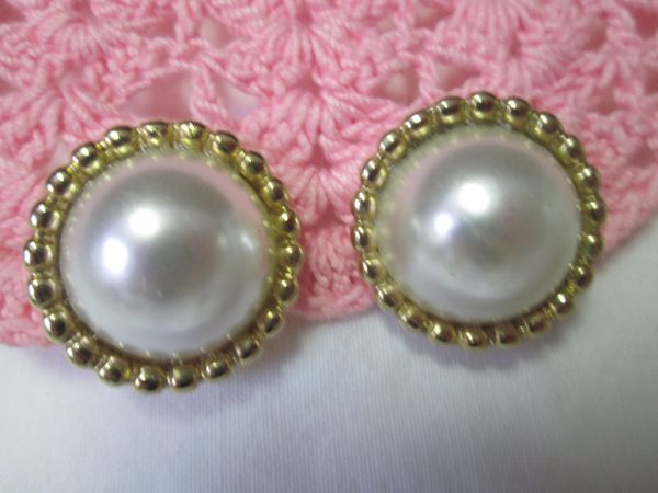 Vintage Round Large Faux Pearl Clip Earrings