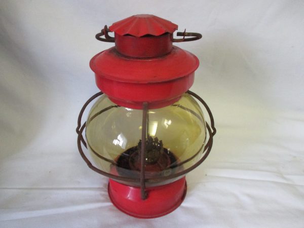 Vintage Round Yellow Glass Red Railroad Lantern Kerosene No damage Unusual shape