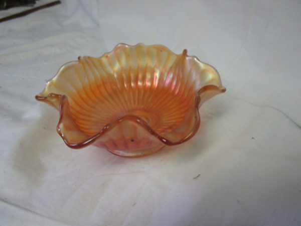Vintage Ruffled Carnival Glass Pin Nut candy Display Decor dish bowl Iridescent Marigold collectible farmhouse cottage