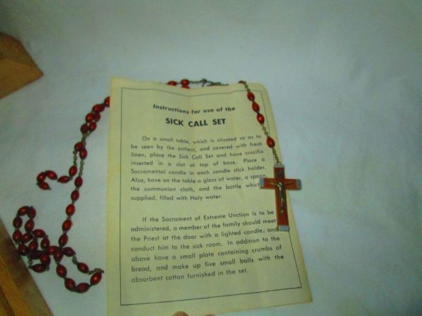 Vintage Sick Call Alter Holy water Bottle and candles still in original cellophane with wooden Rosary Wooden Cross and Carved Crucifix Italy
