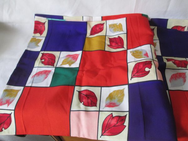 Vintage Silk Fabric 2 yards 29" wide Mid Century Leaves Purple Red Pink Mustard yellow Bright and Vivid Japan
