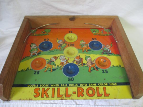 Vintage Skill Roll Tin Litho Game with Pixies Gnomes Artwork Very Cute Skee Ball Double score when ball rolls into same color hole